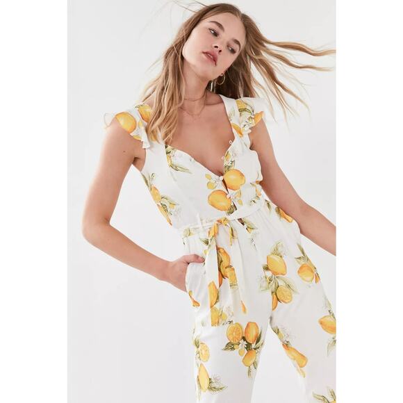 New For Love & Lemons Limonada Jumpsuit White Yellow Tie Front Short Sleeve Sz M - Picture 1 of 9